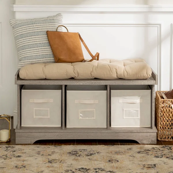 We Furniture 42-Inch Driftwood Storage Bench with Totes and Cushion