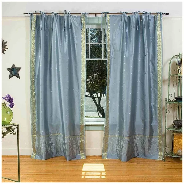 Gray Tie Top Sheer Sari Curtain - Drape, Panel - Piece