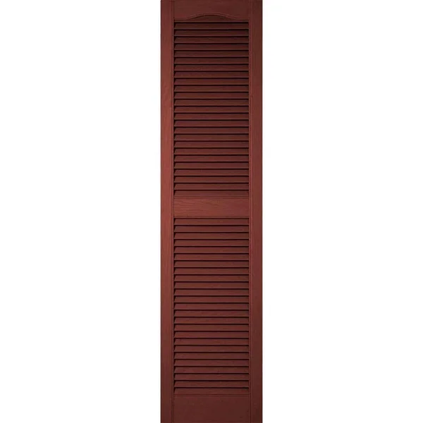 18 inchw x 69 inchh Lifetime Vinyl, Custom Cathedral Top Center Mullion, Open Louver Shutters, w/Shutter-Loks (Per Pair), Burgun