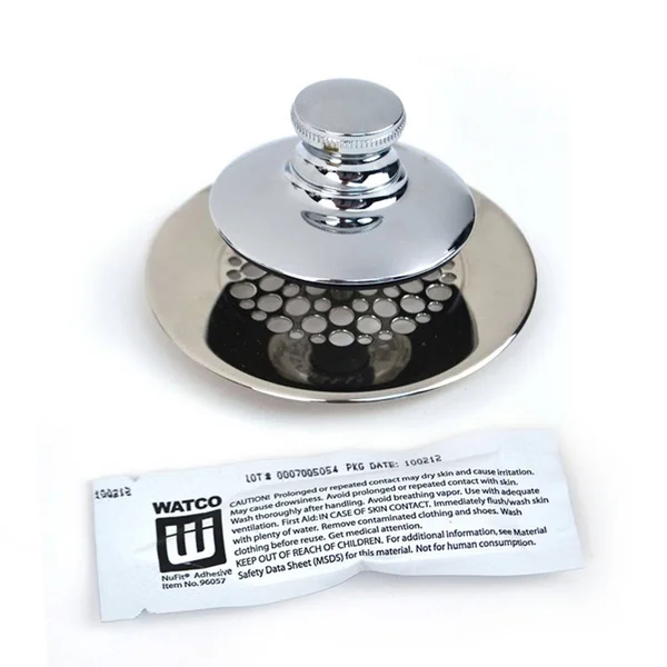 Watco Universal Nufit Push Pull Bathtub Stopper with Grid Strainer, Innovator Overflow and Silicone, Brushed Nickel, Brushed Nic