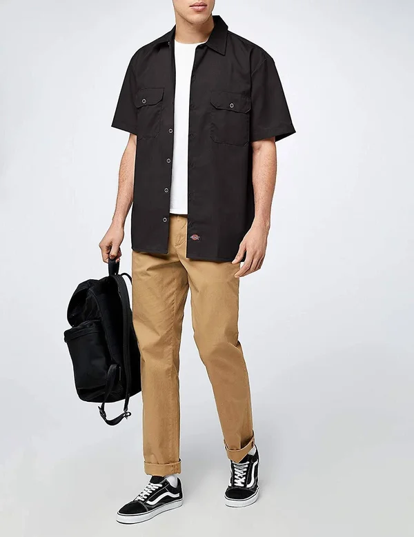 Dickies Men's Short Sleeve Work Shirt, Black, Extra Large