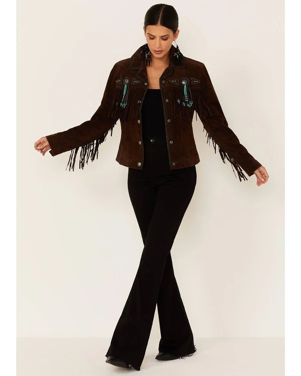 Scully Leather Womens Beaded Fringe Boar Suede Jacket Chocolate