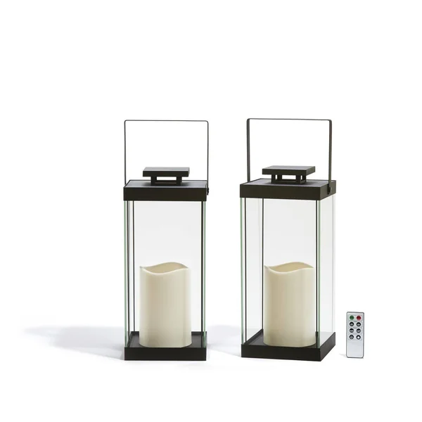 Large Glass Flameless Candle Lanterns, 14.5x22 Height, Fall-Ready Decor, Warm White LEDs, Black Metal Finish, Indoor/Outdoor Use