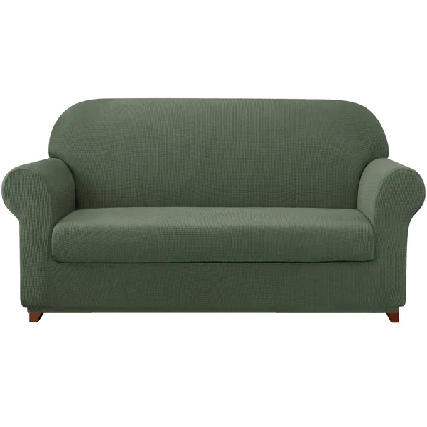 Subrtex Stretch 2-Piece Textured Plaid XL Sofa Slipcover - Olive