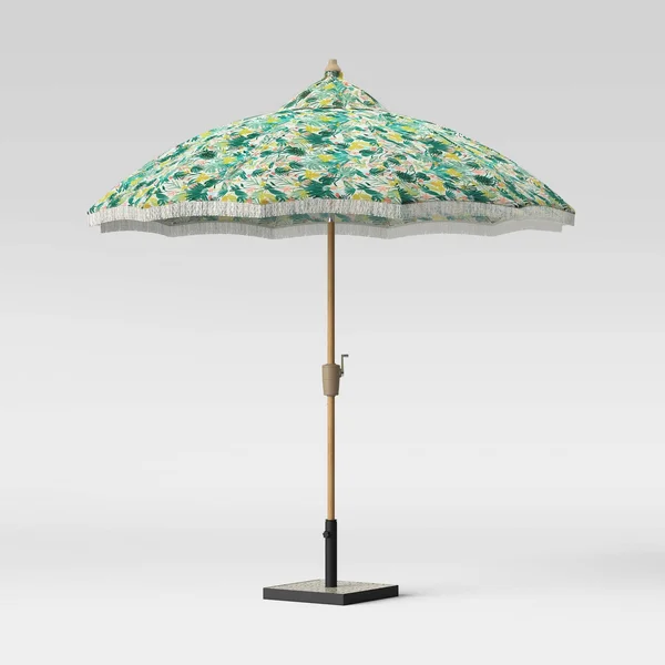9' Carousel Shape Patio Umbrella DuraSeason Fabric Opal Tropical with Fringe White - Light Wood Pole - Opalhouse