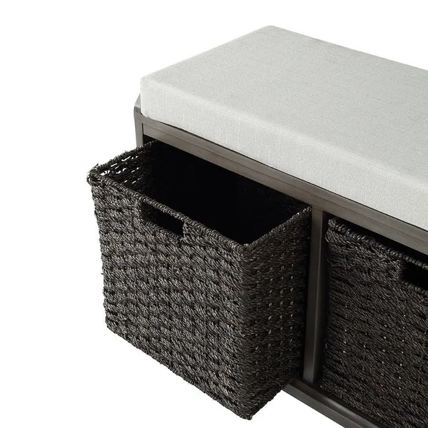 Homes Collection Wood Storage Bench with 2 Woven Baskets - Grey