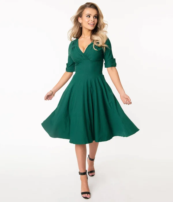 Unique Vintage Emerald Green Delores Swing Dress with Sleeves, Size XL/14