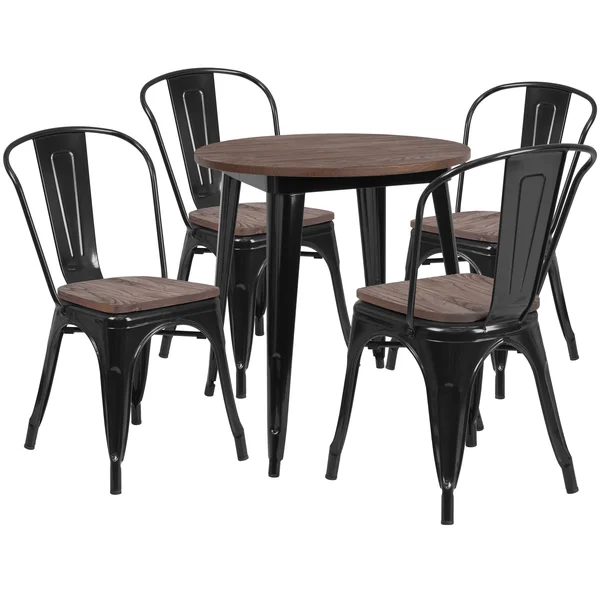 Flash Furniture 26x22 Round Metal Table Set with Wood Top and 4 Stack Chairs, Black