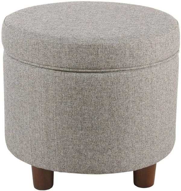 Light Gray Tweed Round Storage Ottoman Grey Solid Mid Century Modern Fabric
