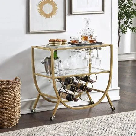 FirsTime & Co. Gold Catalina Rounded Bar Cart, 29.25 x 16 x 29.75 in