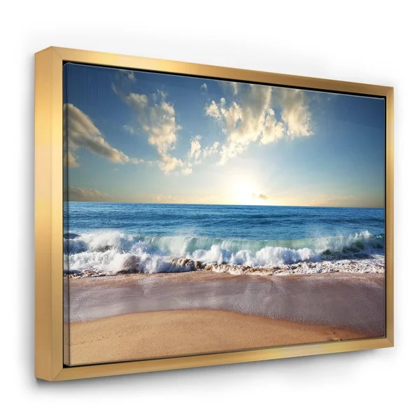 Designart 'Sea Sunset' Seascape Photography Framed Canvas Art Print - 32 in. Wide x 16 in. High - Gold