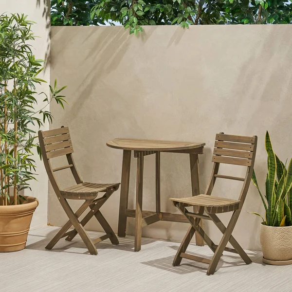 Sophia Outdoor 2 Seater Half-Round Folding Acacia Wood Bistro Table Set - Gray