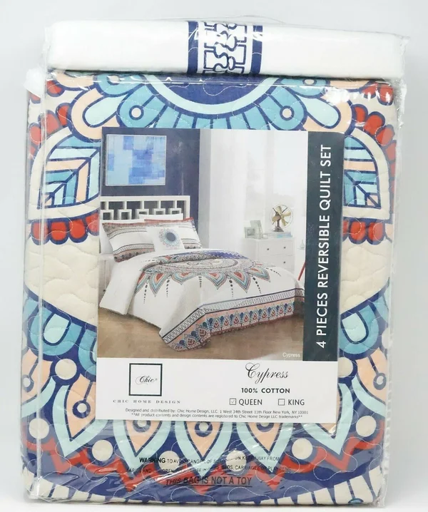 Chic Home Cypress 4 Piece Queen Quilt Set - Blue