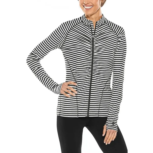 Coolibar Women's Atitlan Ruche Swim Jacket, UPF Protective Shirts for Women, White/Black Stripe, Medium