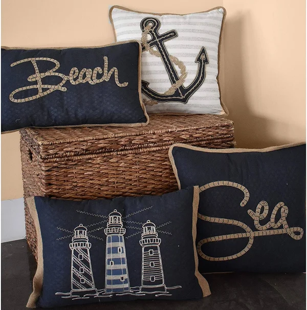 Misc Sea Themed Rectangular Throw Pillow Navy Solid Color Nautical Coastal Cotton Single Removable Cover