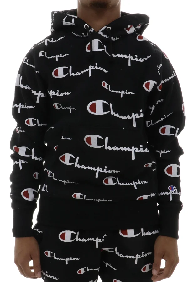 Champion All Over Logo Hoodie - Black - Large