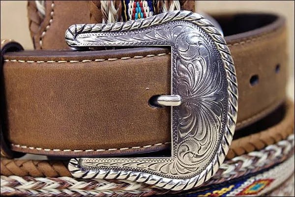 42 inch Tony Lama Brown Men's Badlands Horse Hair with Ribbon Inlay Leather Belt