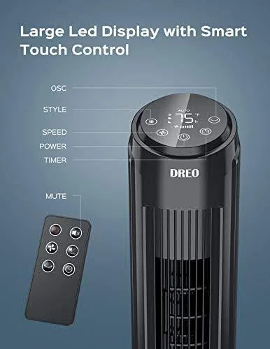 Tower Fan - Dreo 90° Oscillating Fans with Remote, Quiet Cooling, 12 Modes, 12H Timer, Space-Saving, LED Display with Touch Contro