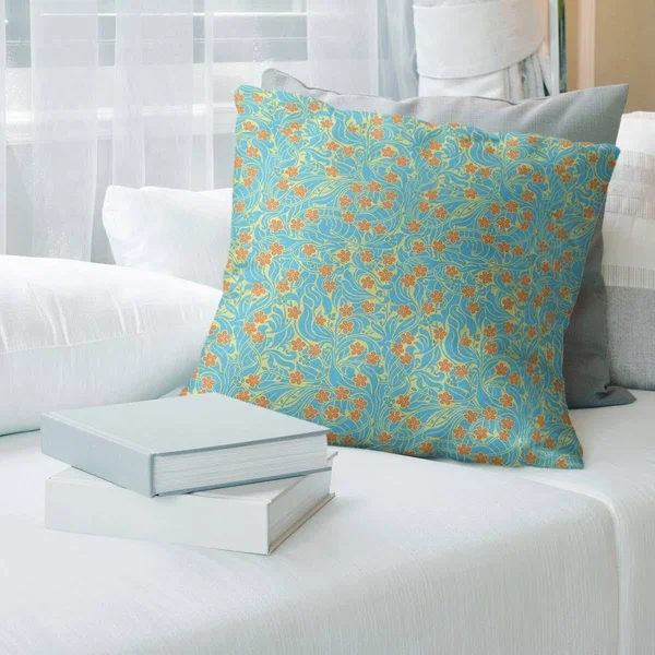 Porch & den Dahlke Swirly Floral Pattern Throw Pillow - 18 x 18 - Yellow Blue & Orange - Faux Suede
