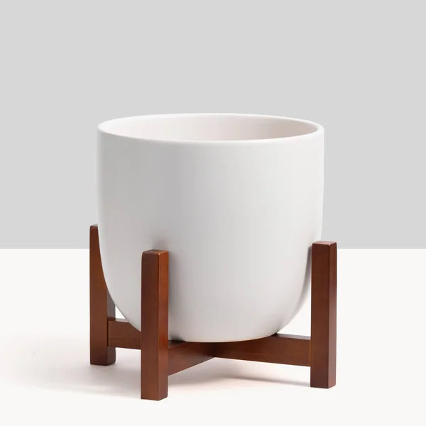 Peach & Pebble, Contour Ceramic Planter + Wood Stand Forest Green, Medium, 12 inch