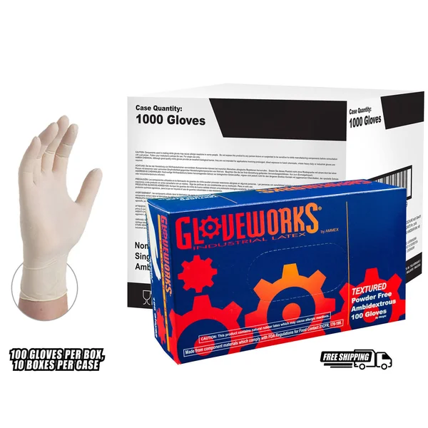 Gloveworks Ivory Latex Industrial Powder Free Disposable Gloves (Case of 1000)