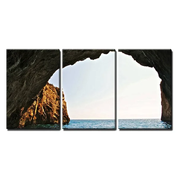 Wall26 - 3 Piece Canvas Wall Art - A Boat Is Out of Rock Cave in Fair Weather - Modern Home Decor Stretched and Framed Ready to
