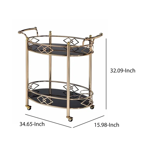Benzara Metal Framed Serving Cart with Tempered Glass Top and Open Bottom Shelf, Gold and Black
