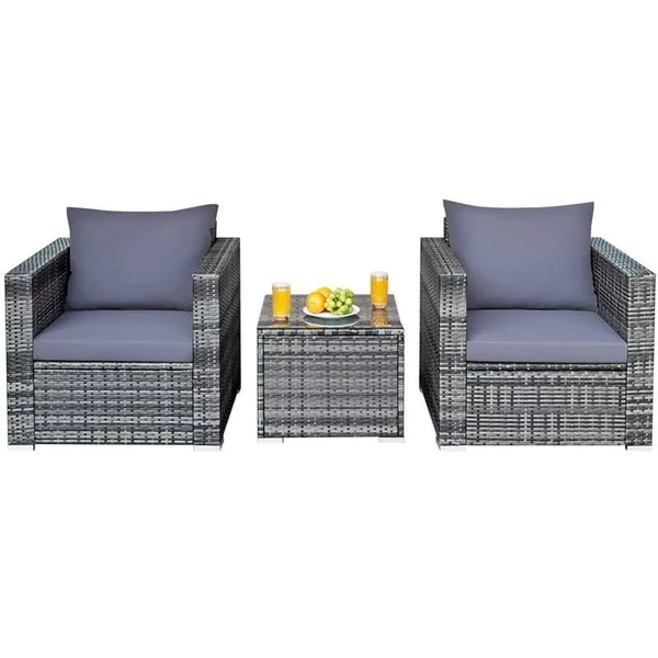 3 Pcs Patio Rattan Furniture Bistro Sofa Set with Cushioned-White - Costway