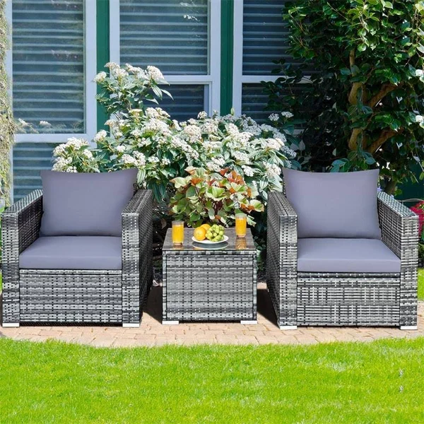 3 Pcs Patio Rattan Furniture Bistro Sofa Set with Cushioned-White - Costway