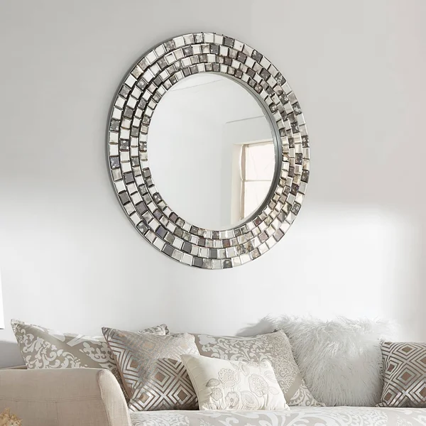 Inspire Q Palmer Frosted Tile Silver Finish Round Accent Wall Mirror by Bold - N/A