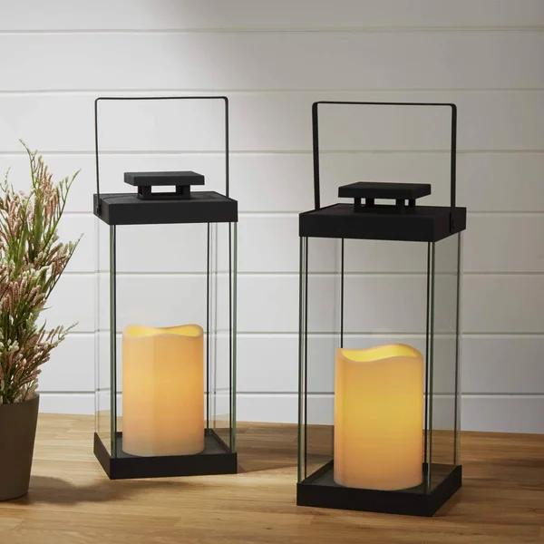 Large Glass Flameless Candle Lanterns, 14.5x22 Height, Fall-Ready Decor, Warm White LEDs, Black Metal Finish, Indoor/Outdoor Use