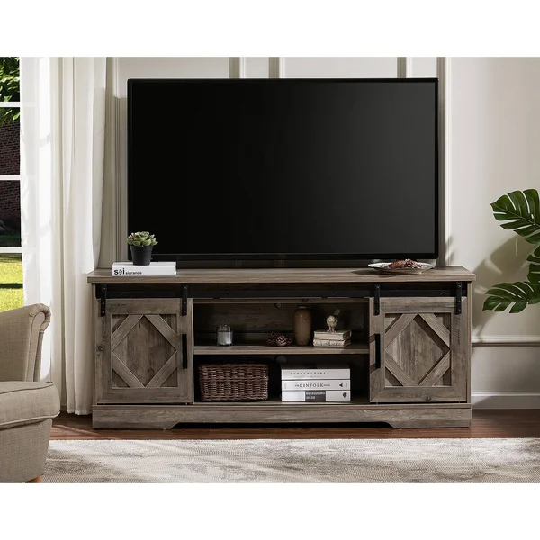 Wampat Farmhouse Sliding Barn Door TV Stand Rustic Gray Wash 59x22 - Grey