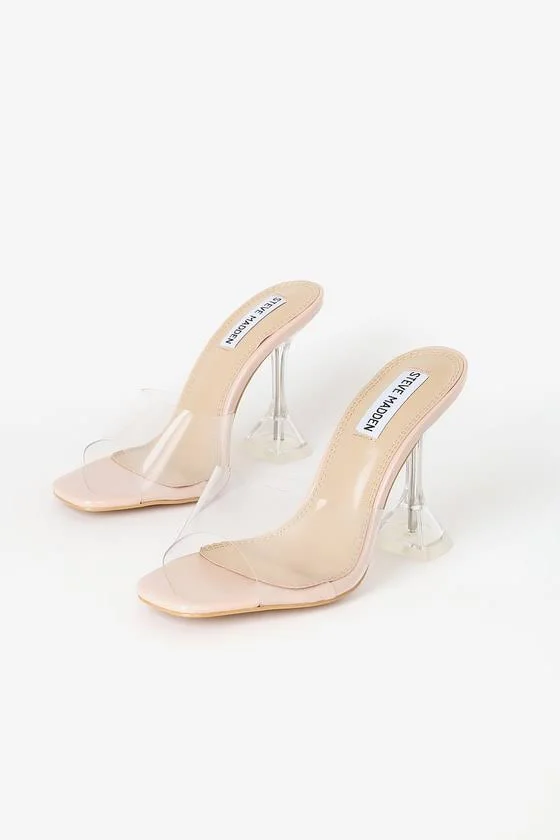 Steve Madden, Silver Cyrus Clear Lucite High Heel Sandals, Womens, 5.5, Vegan Friendly