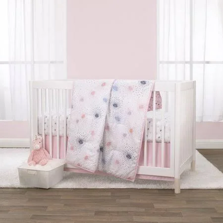 Little Love by Nojo Pink Starburst 3 Piece Crib Bedding Set - Comforter, Fitted Crib Sheet, Dust Ruffle - Pink and White Starbur