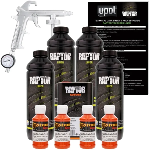 U-POL Raptor Safety Orange Urethane Spray-On Truck Bed Liner Kit w/ Free Spray Gun, 4 Liters