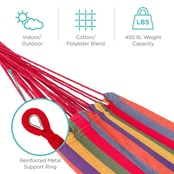 Best Choice Products 2-Person Brazilian-Style Cotton Double Hammock Bed w/ Carrying Bag, Steel Stand, Rainbow