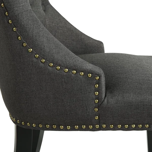 LSSBOUGHT Set of 2 Fabric Dining Chairs Leisure Padded Chairs with Black Solid Wooden Legs - Nailed Trim, Charcoal