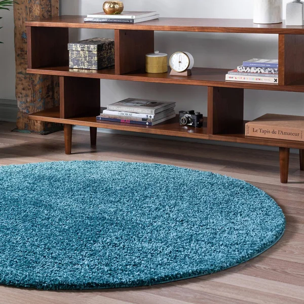 Soft Solid Shag 3 ft Round Turquoise Blue Abstract Area Rug