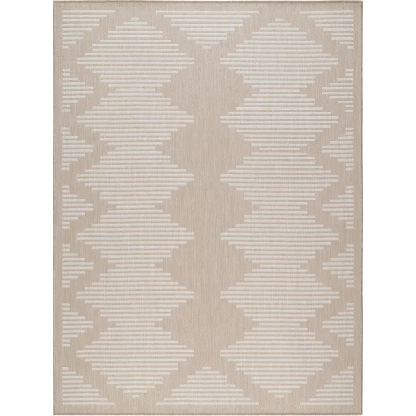 Beverly Rug Waikiki Collection Indoor/Outdoor Stripes Area Rug - Beige, White - WKK20101 - 5'3 x7'0