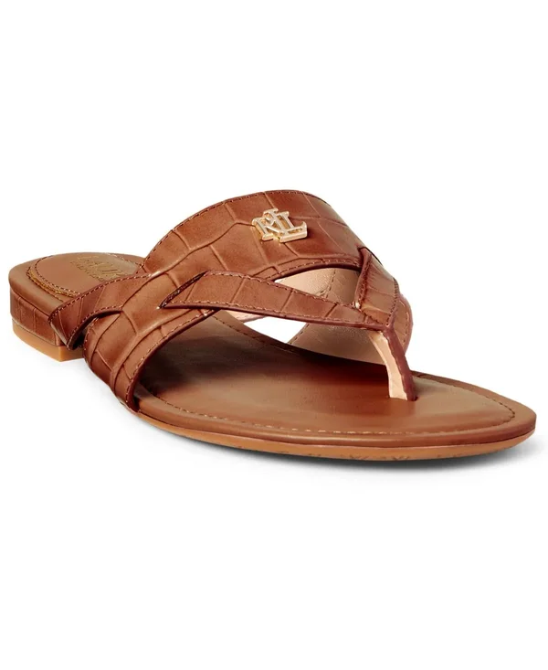 Lauren Ralph Lauren Rosalind Croco Embossed Leather Sandals, Womens, 10M, Deep Saddle Tan