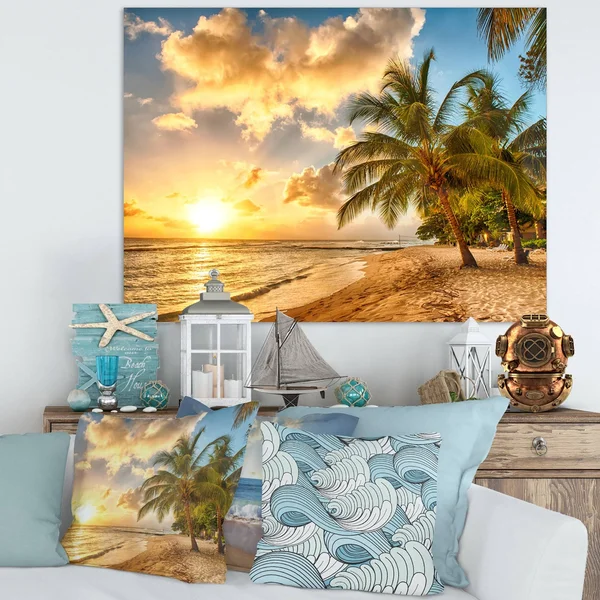 Designart &Gorgeous Beach of Island Barbados & Modern Seascape Canvas Artwork - Size: 46 inch x 36 inch