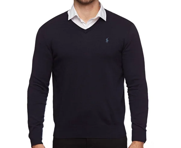 Polo Ralph Lauren Mens Pima Cotton V-Neck Sweater (Large, Navy Blue)