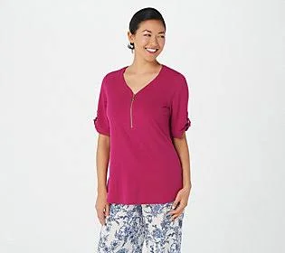 Susan Graver Liquid Knit Short-Sleeve Half-ZipTop - Size 1X, Magenta Rose