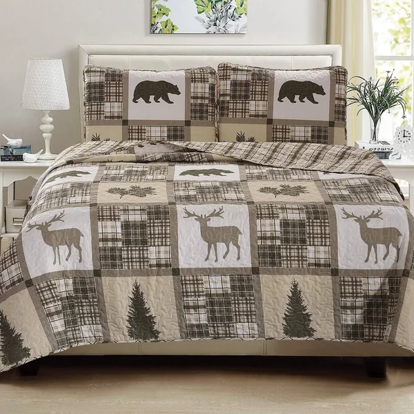 Great Bay Home Stonehurst Lodge Reversible Quilt Set Full, Queen Chocolate, Green