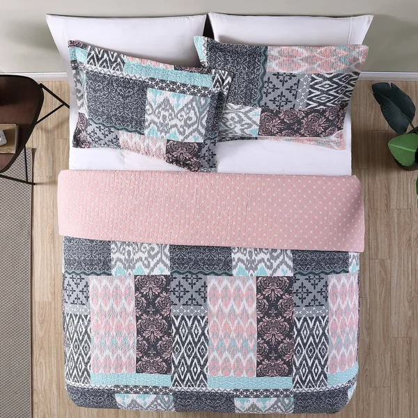 100% Cotton 3 Piece Printed Reversible Quilt Set - Sylvia King