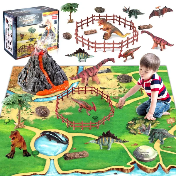 Dinosaur Volcano Figures Toy with Mat, Educational Mist-spouting Volcano Playset with Realistic Dinosaurs, Stone and Tree to Creat