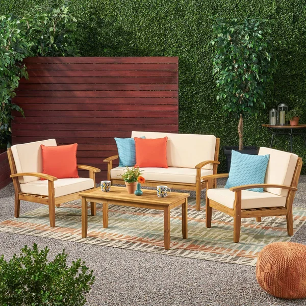 4-Pc Outdoor Chat Set in Beige and Teak Finish