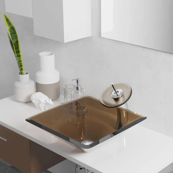 Rene R5-5003-CAS-R9-7006 16-1/2x22 Glass Vessel Bathroom Sink with Vessel Faucet Cashmere - Brushed