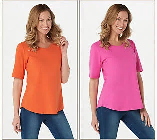 Denim & Co. Essentials Set of Two Elbow SleeveKnit Tops, Size Small, Tigerlily/Pink