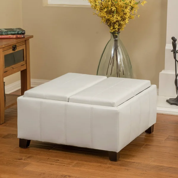Justin Red Leather Tray Top Storage Ottoman